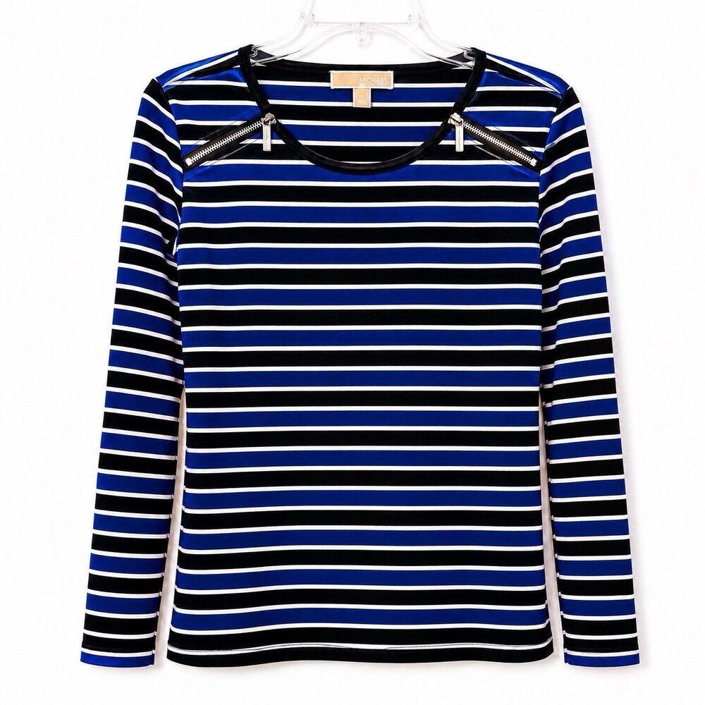 Michael Kors Navy Royal Blue Striped Silver Zippers Knit Pullover Top Sz M